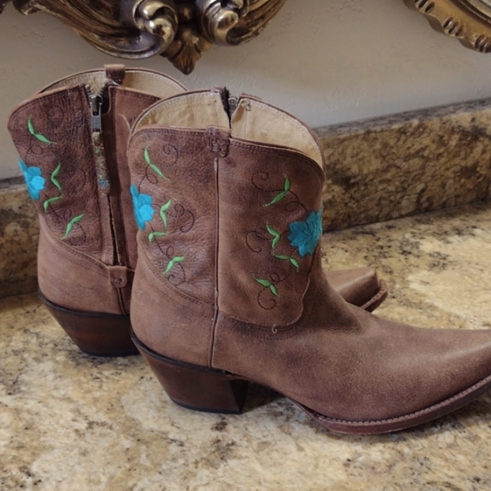 Tony Lama Brown Leather Heeled Boots with Turquoise Floral Embroidery
